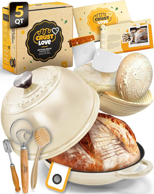 Dutch Oven Bread Baking - 5QT Enamel Bread-Oven - incl Sourdough Bread-Baking Suppliers like Dough Whisk Scoring Lame etc Bread-Dome Cast Iron Bread-Pan with Lid for Sour dough, Bread-making