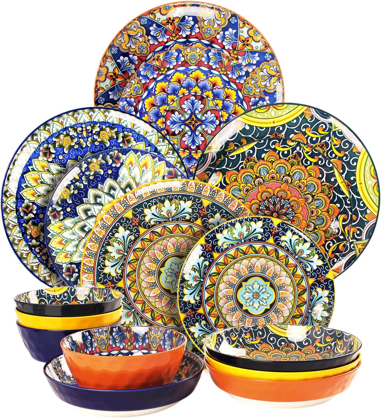 Mandala Dinnerware Sets, Plates and Bowls Set, Porcelain Dishes (16 Pieces) Service for 4, Zanzibar, Bohemian Style Dining Ware, for Kitchen and Dining Multicolor Dinnerware Set