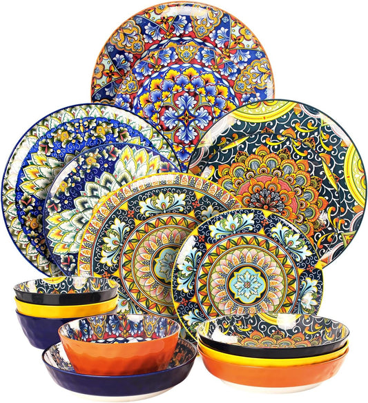 Mandala Dinnerware Sets, Plates and Bowls Set, Porcelain Dishes (16 Pieces) Service for 4, Zanzibar, Bohemian Style Dining Ware, for Kitchen and Dining Multicolor Dinnerware Set