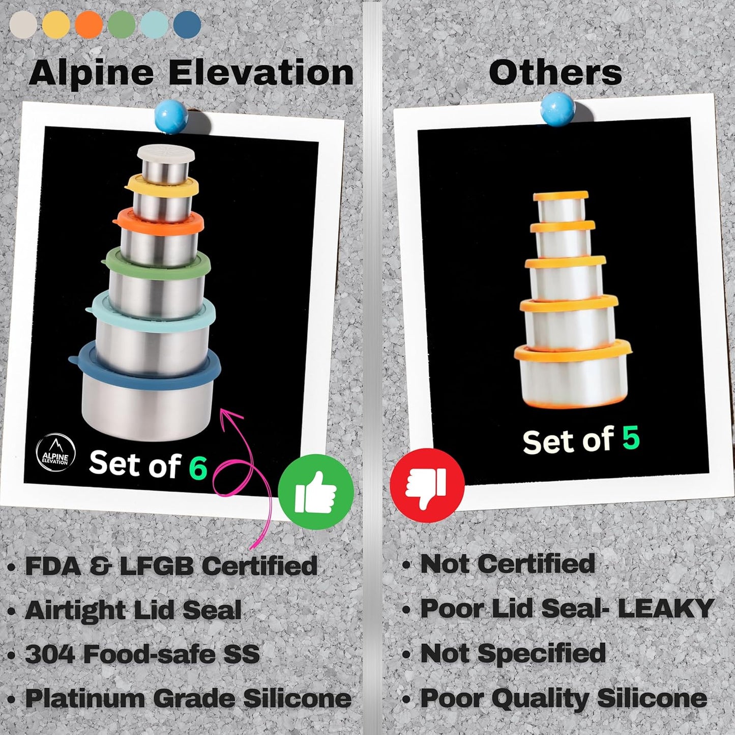 12 Pcs - 6 Stainless Steel Containers + 6 Silicone Lids | 304 Stainless Steel Snack Container | Nesting Snack and Dip Containers | Metal Food Storage