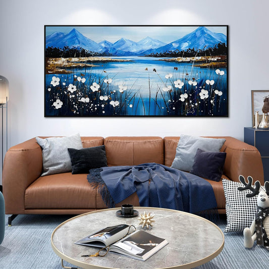 Nature Landscape Large Pictures for Living Room - Hand Painted Lake Wall Art for Office - Framed Wall Art for Bedroom Size 29" x 59"
