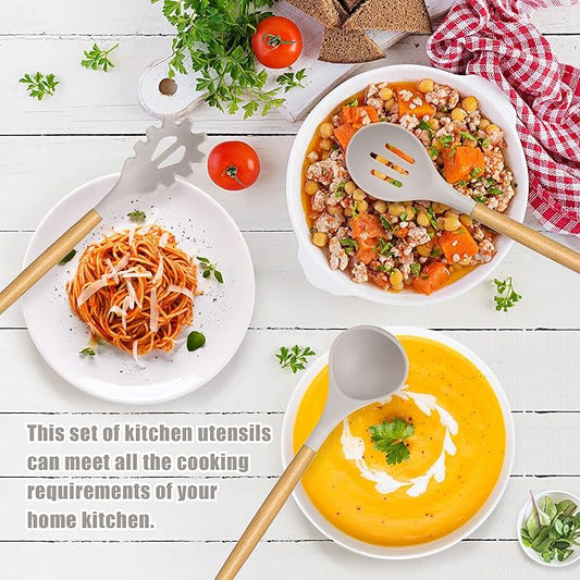 24 Pcs Kitchen Cooking Utensils Set,446°F Heat Resistant Non-Stick Silicone Kitchen Utensil Set With Wooden Handles and Holder,Kitchen Gadgets for Cookware,Kitchen Accessories,Khaki