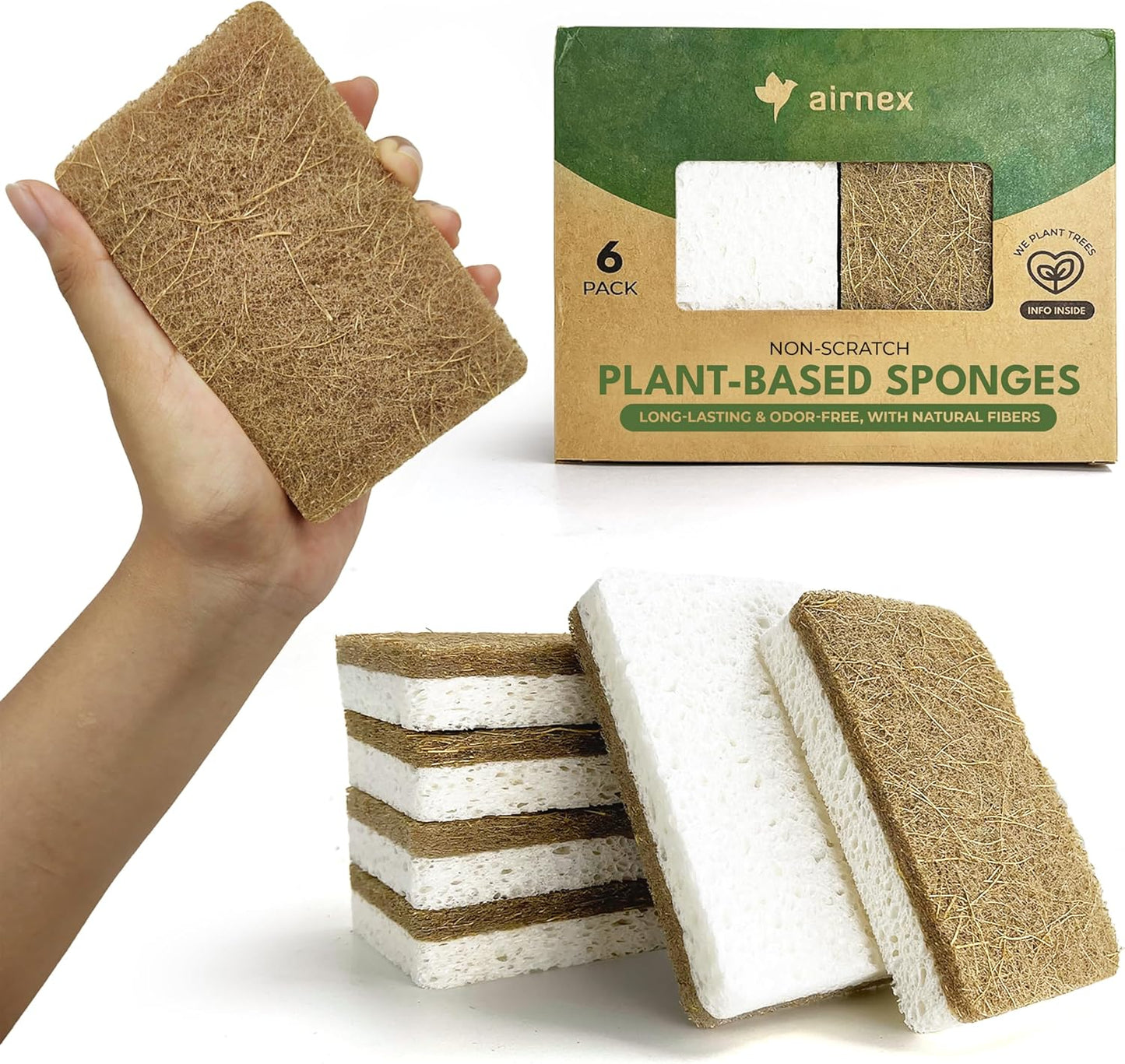 Biodegradable Natural Kitchen Sponges Pack of 6 - Cellulose and Coconut Walnut Scrubber Sponge - Eco Friendly Sponges for Dishes
