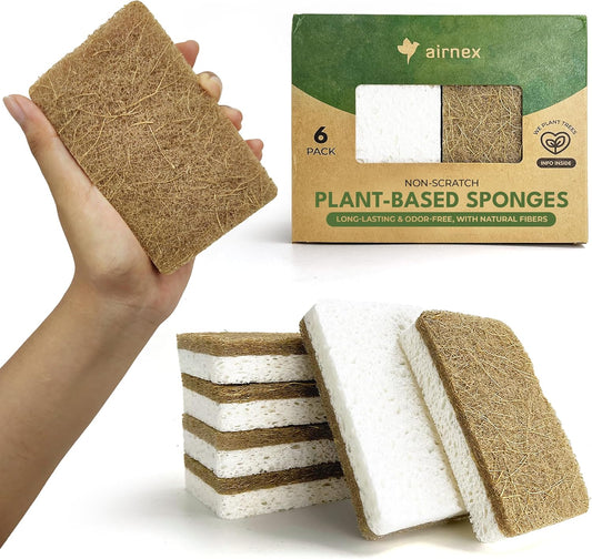 Biodegradable Natural Kitchen Sponges Pack of 6 - Cellulose and Coconut Walnut Scrubber Sponge - Eco Friendly Sponges for Dishes