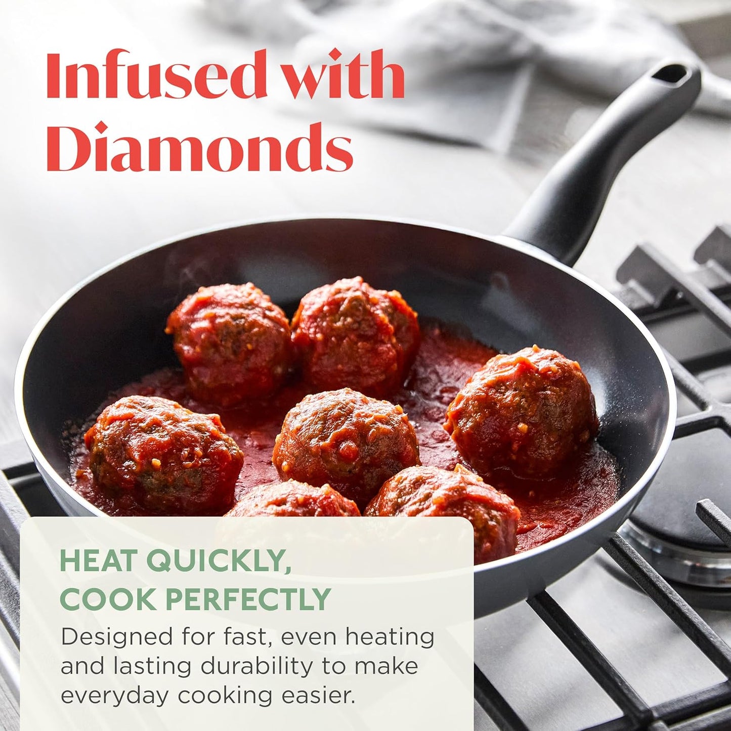 Deco 11” Nonstick Frying Pan Skillet, Made in Italy, Diamond Ceramic PFAS-Free, Dishwasher & Metal Utensil Safe, Durable Gloss Enamel Finish, Stay-Cool Handle, High Walls-Extra Room, Gray