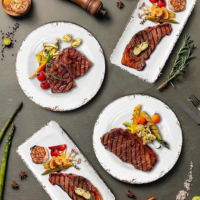 Vintage Melamine Dinnerware Sets, 18 Piece Lightweight and Unbreakable Outdoor Plates and Bowls Set, RV Dishes Set of 6, Chip Resistant Kitchen Plate Set for Indoor and Outdoor Use, White