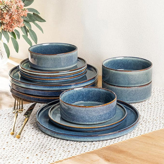 AmorArc Ceramic Dinnerware Sets, Handmade Reactive Glaze Stoneware Plates and Bowls Sets,Highly Chip and Crack Resistant | Dishwasher & Microwave Safe Dishes Set, Service for 4 (12pc)