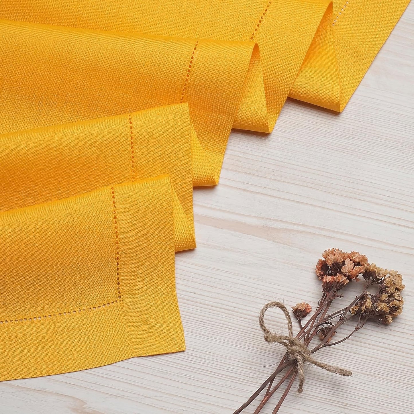 D'Moksha Homes Linen Sunflower Yellow Table Runner 72 Inches Long - 100% Pure Linen Hemstitch Table Runner 14 x 72 Inch for Dresser, Dining, Fall, Autumn and Halloween - Classic Hemstitch