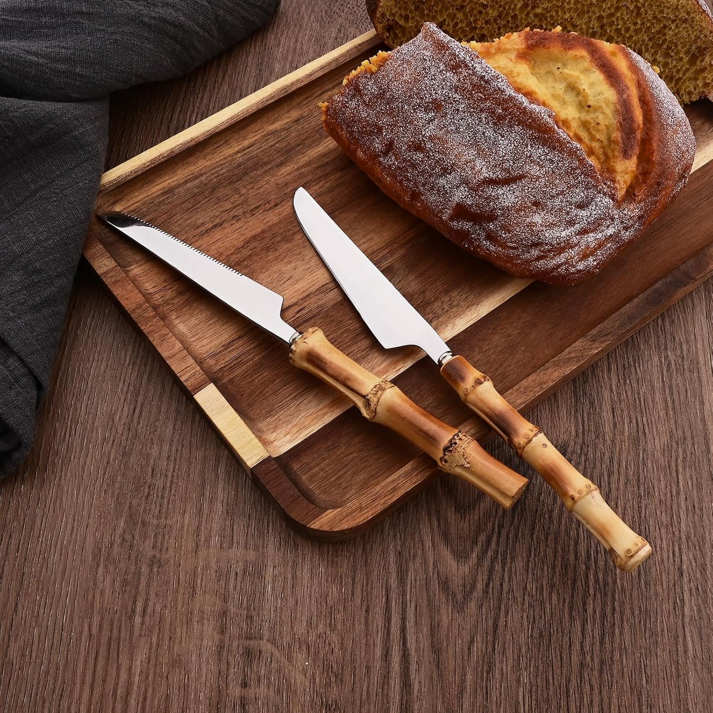 Dinner Knife Set with Bamboo Handle, 8-Piece Stainless Steel Shiny Silver Dinner Knives, Creative Design Table Knives for Home Restaurant, 8.74 inch, Handcrafted