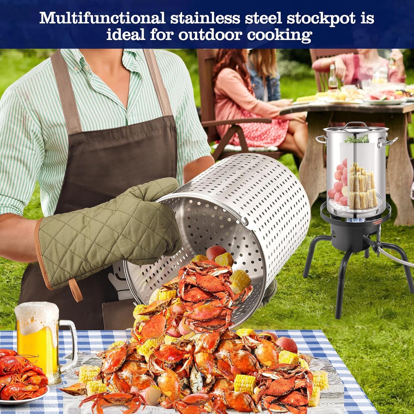 ARC 32QT Stainless Steel Stock pot 6-Piece For Seafood Boil Pot with Basket and Steamer Rack,Cookware for Crawfish Crab Shrimp Lobster Boiling Pot, Turkey Fryer Pot, Tamale Steamer Pot with Strainer