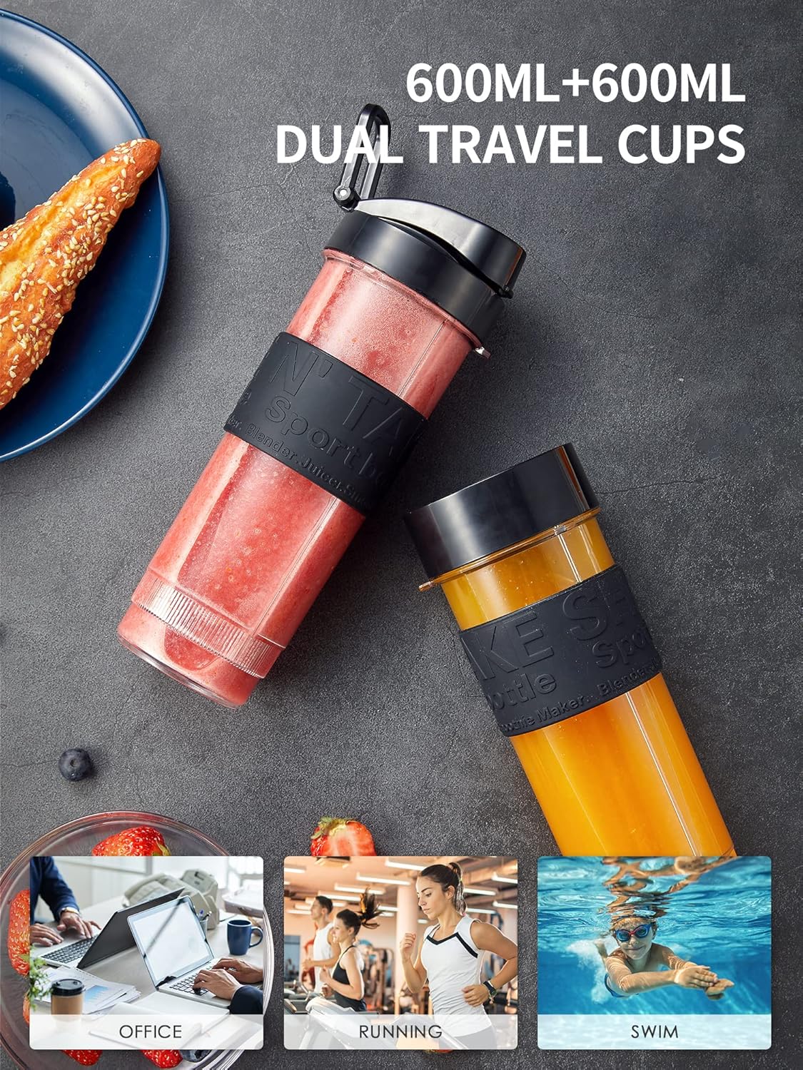 Personal Blender, Electric Shake Bottle with 2 x 20oz Travel Bottle and Coffee/Spices Jar, Portable Shaker Cups for Protein Shakes, 500W Single Serve Blender for Shakes and Smoothies, Sports(Black)