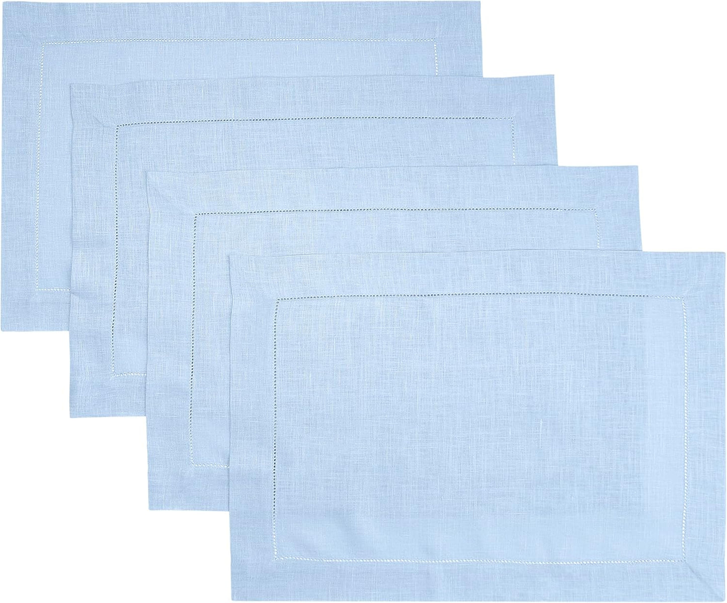 D'Moksha Homes Powder Blue Linen Cloth Placemats Set of 4-100% Pure Linen Hemstitch Placemats 14 x 19 Inch - Classic Hemstitch Table Place Mats for Fall, Halloween - Handcrafted and Machine Washable