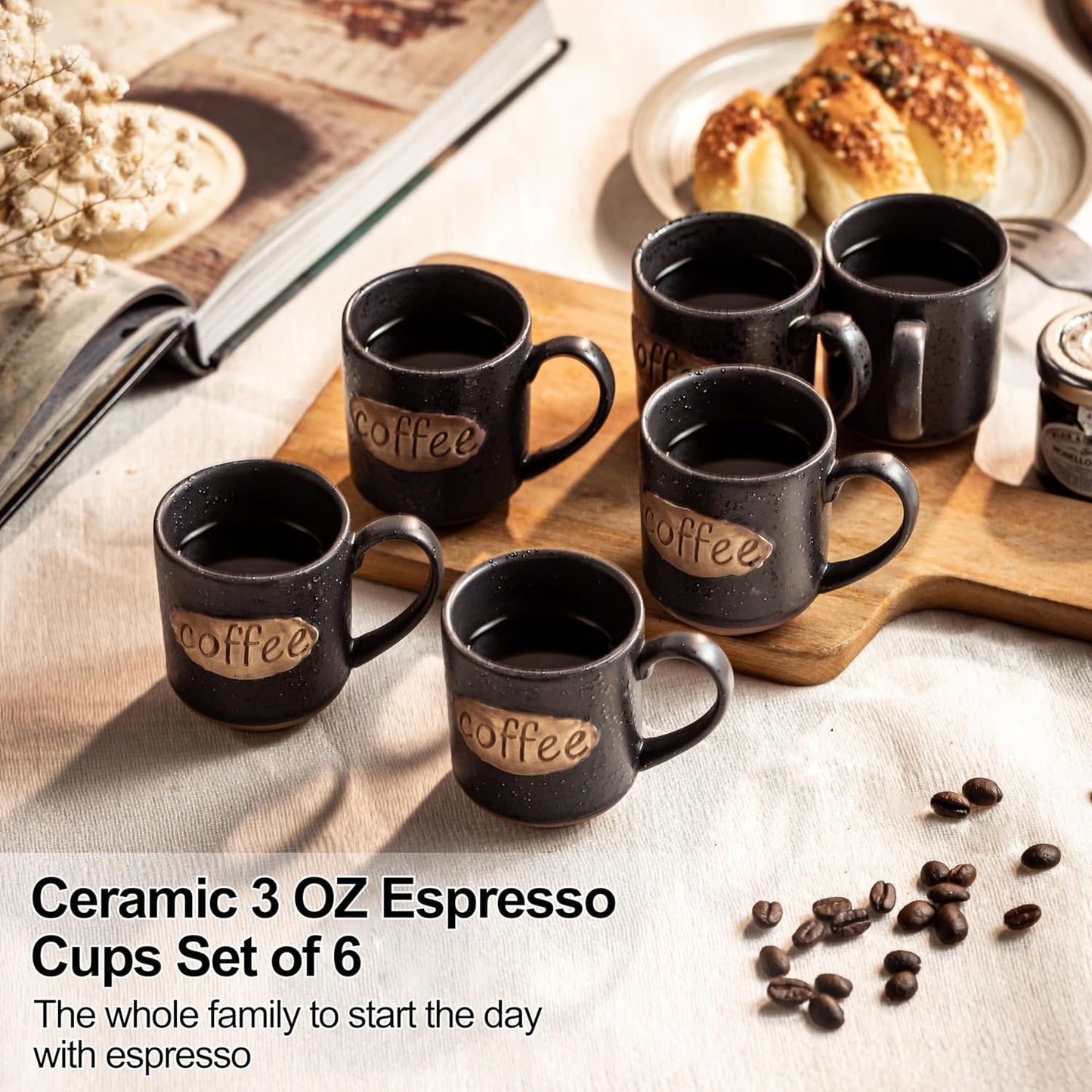 LYEOBOH Coffee Cups, Espresso Cups, Tea Cup, Coffee Mugs Set of 6, 3 oz Ceramic Espresso Cups, Cute Mini Demitasse Cups with Handle for Coffee Bar & Home Microwave & Dishwasher Safe, Black