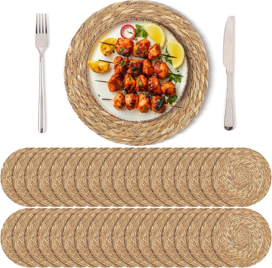 Set of 36 Round Woven Placemats 13.8 Inch Bulrush Placemats Natural Handwoven Boho Rattan Wicker Table Mats for Farmhouse & Home Dining