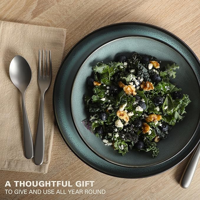 Gibson Elite Tribeca Loft 16-Piece Dinnerware Set – Matte Black and Green Reactive Glaze Stoneware, Double Bowl Round Plates and Bowls – Modern Rustic Tableware for 4, Dishwasher & Microwave Safe