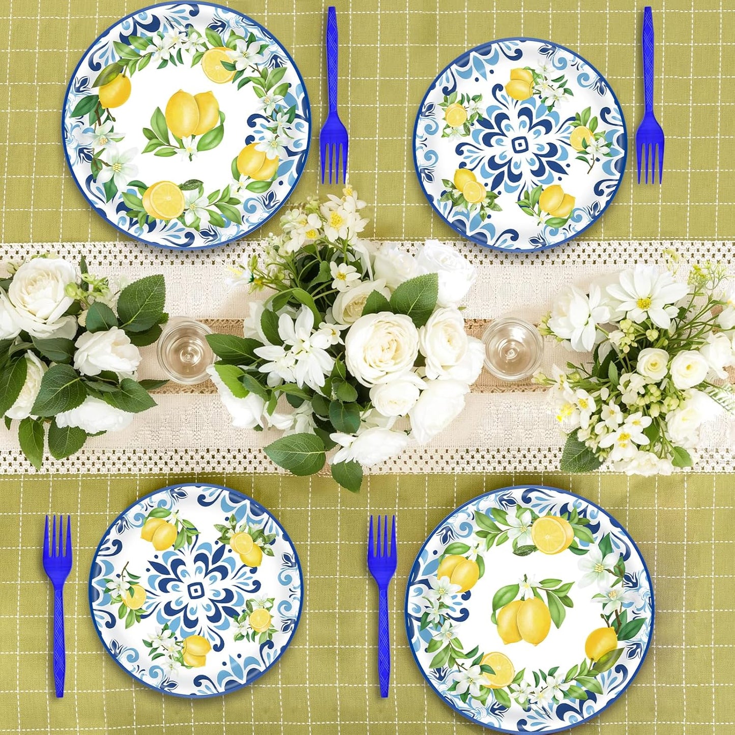 100 Pcs Lemon Tableware Party Supplies – Citrus Theme Blue Tile Disposable Plates, Napkins, and Blue Forks for Summer Parties, Picnics, BBQ, Brunch, Weddings, Birthdays, and Baby Showers – Serves 25