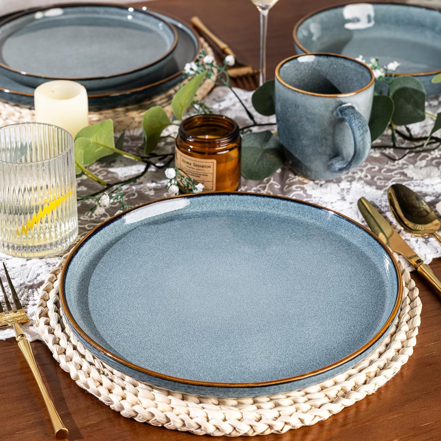 GBHOME 16 Pieces Double Bowls Ceramic Dinnerware Sets for 4, Stoneware Plates and Bowls Set with Reactive Glaze, Scratch Resistant Stoneware Dishes Set, Dishwasher & Microwave Safe