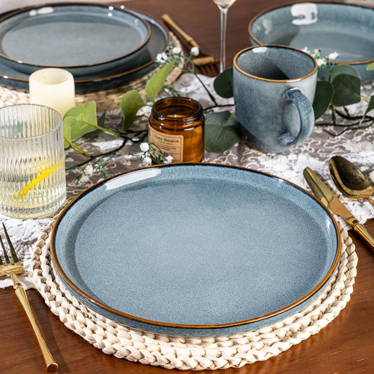 GBHOME 16 Pieces Double Bowls Ceramic Dinnerware Sets for 4, Stoneware Plates and Bowls Set with Reactive Glaze, Scratch Resistant Stoneware Dishes Set, Dishwasher & Microwave Safe