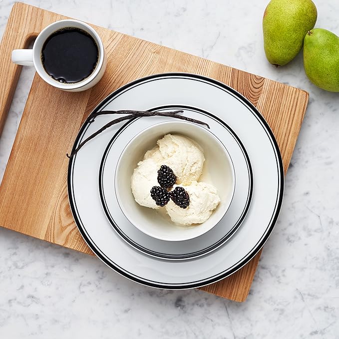 Amazon Basics 16-Piece Cafe Stripe Kitchen Dinnerware Set, Plates, Bowls, Mugs, Service for 4, Black