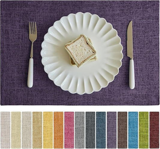 Softalker Faux Linen Placemats Set of 6-12 x 18 Inch, Heat Resistant Double Layered Durable Burlap Farmhouse Place Mats, Non-Slip Washable Rustic Table Mats for Dining, Kitchen, Party（Purple