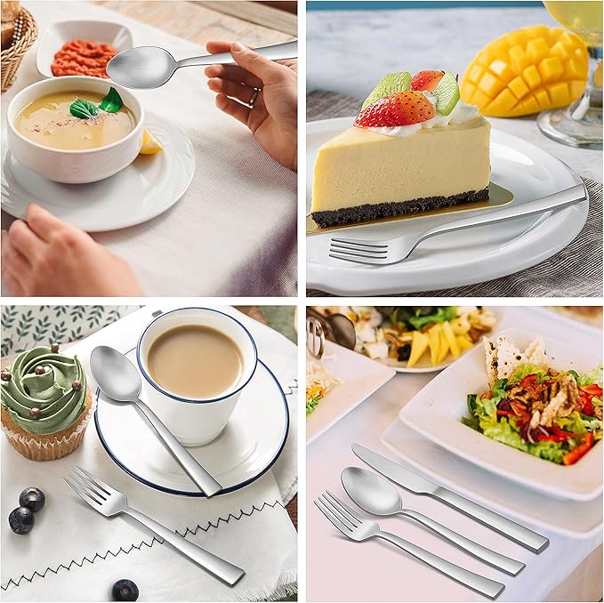 Herogo 60-Piece Matte Silverware Set for 12, Stainless Steel Square Flatware Cutlery Set, Tableware Eating Utensils Include Knife Spoon Fork, Satin Finish, Dishwasher Safe