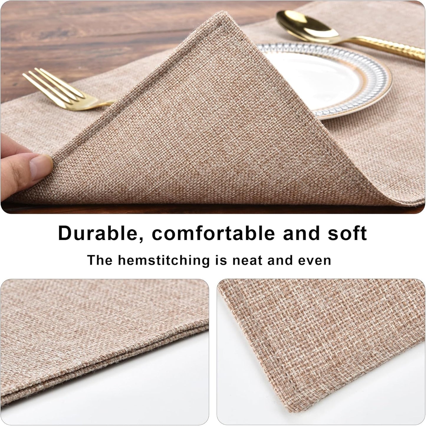 SLKQG Linen-Look Fabric Placemats Set of 4, Heat Resistant & Machine Washable Double-Layered Cloth Placemats for Dining Table, Indoor/Outdoor Use, Non-Slip Kitchen Table Mats (4, Natural Linen)
