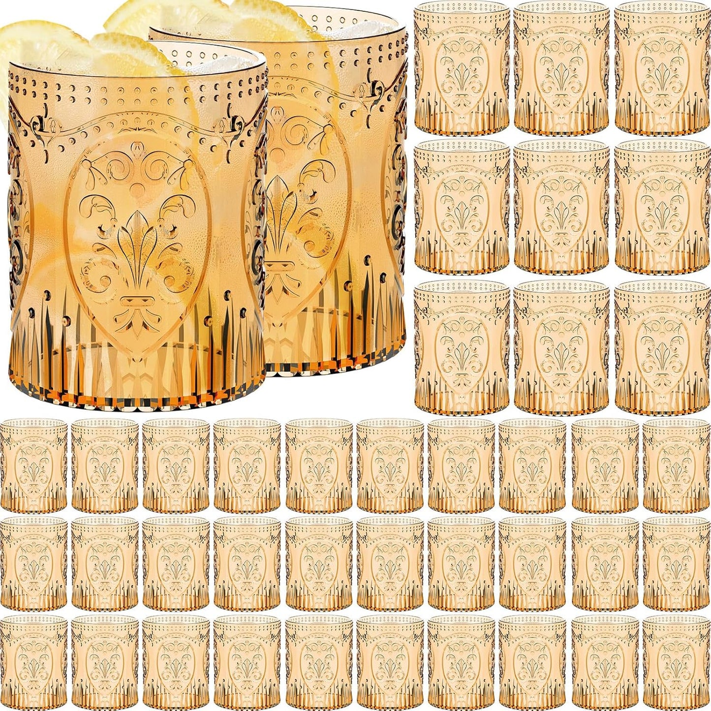 48 Plastic Vintage Drinking Glasses 8.5oz Stemless Retro Embossed Wine Glasses Shatterproof Reusable Cups for Baby Shower Wedding Reception Grand Event Party (Yellow)
