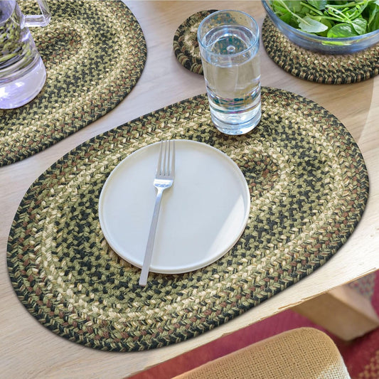 Homespice Pinecone Jute Braided Placemats, Warm Country Rustic Decor, Set of 4, Green 13x19 Oval Table Mats - Vibrant Colors, Durable, Easy to Clean and Protects Furniture