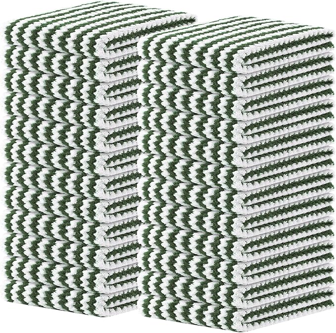 Homaxy Kitchen Towels(24 Pack, 10 x 20 inches), Ultra Soft and Absorbent Dish Towels, Reusable Fast Drying Microfiber Cleaning Cloth, Coral Velvet Wave Design No-lint, Grass Green