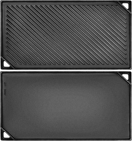 GGC Reversible Cast Iron Griddle, Double-sided Griddle Pan for Stove Tops, Gas Grills and Outdoor Cooking, 16.5 x 9.5 Baking Flat and Ribbed Griddle Plate