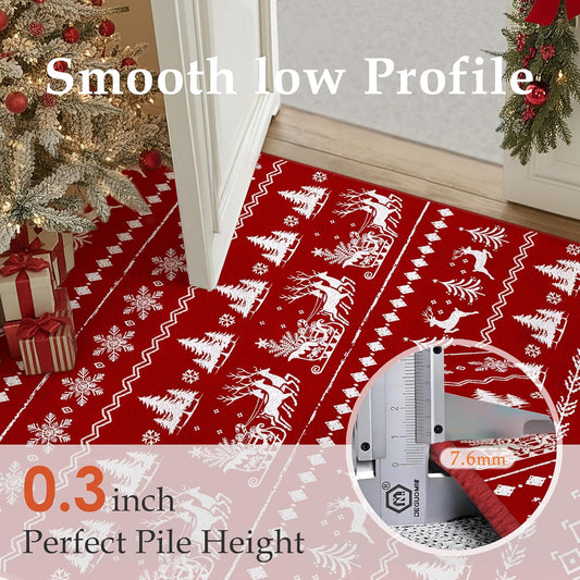 2x3 Christmas Area Rug Red Washable Entryway Carpet Xmas Elk Holiday Decor Doormat Kitchen Decorative Non Slip Soft Low Pile Small Carpet Indoor Throw Snowflake Rug Bedroom Entrance Bathroom