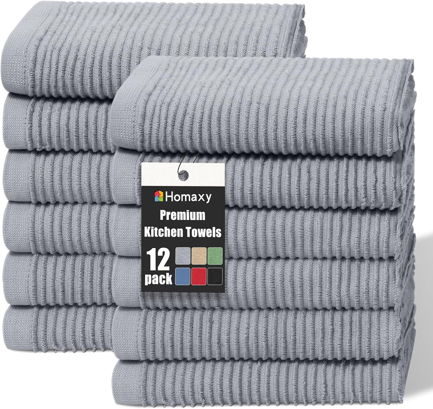 Homaxy Premium Kitchen Towels (18"x 28", 12 Pack), Large 100% Cotton Kitchen Hand Towels, Ultra Absorbent Ribbed Terry Tea Towels Set with Hanging Loop, Grey