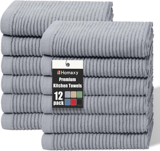 Homaxy Premium Kitchen Towels (18"x 28", 12 Pack), Large 100% Cotton Kitchen Hand Towels, Ultra Absorbent Ribbed Terry Tea Towels Set with Hanging Loop, Grey