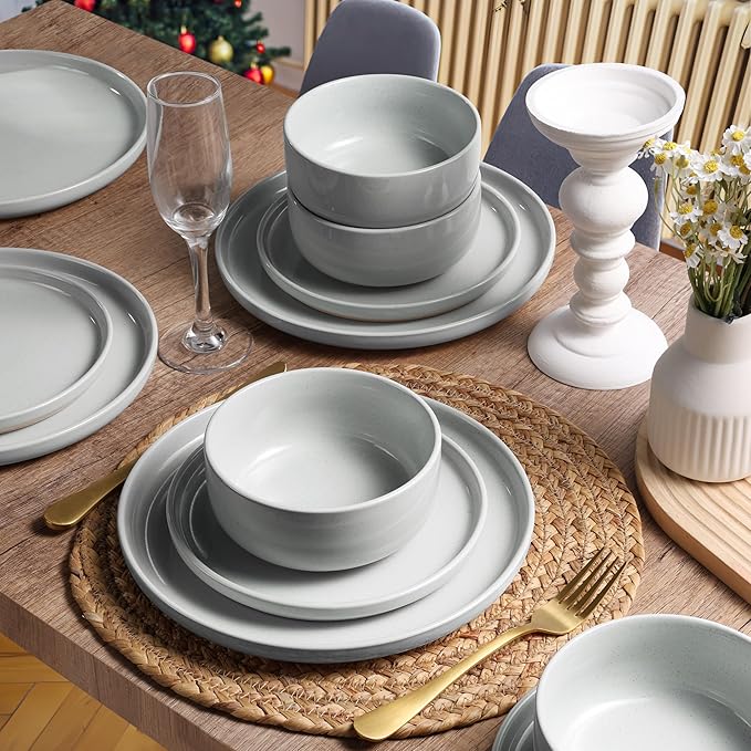 HaWare Stoneware Dinnerware Sets, 18-Piece Plates and Bowls Set for 6, Dishes Set for Home Restaurant, Speckled Misty Grey