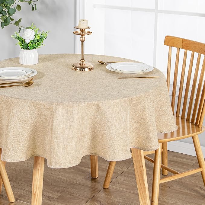 JIUZHEN Round Table Cloth Faux Linen Farmhouse Tablecloth Wrinkle and Stain Resistant Decorative Fabric Table Cover for Kitchen, Dining Room, Parties and Camping, Beige, 108 Inch Round
