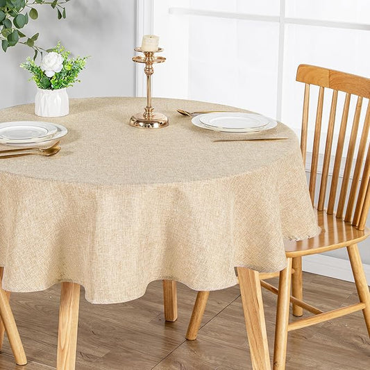 JIUZHEN Round Table Cloth Faux Linen Farmhouse Tablecloth Wrinkle and Stain Resistant Decorative Fabric Table Cover for Kitchen, Dining Room, Parties and Camping, Beige, 108 Inch Round