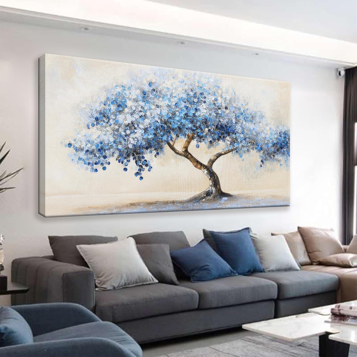Suconvng Large Wall Art For Living Room Blue Abstract Art Tree Of Life Modern Artwork Canvas Art Wall Decor Painting Tree Pictures Ready To Hang For Bedroom Office Home Wall Decor 29"X 58"