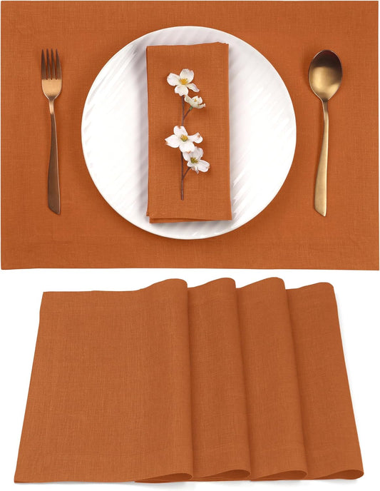 D'Moksha Homes Linen Rust Placemats Set of 4-100% Pure Linen Placemats 14 x 19 Inch for Fall and Halloween - Handcrafted and Machine Washable