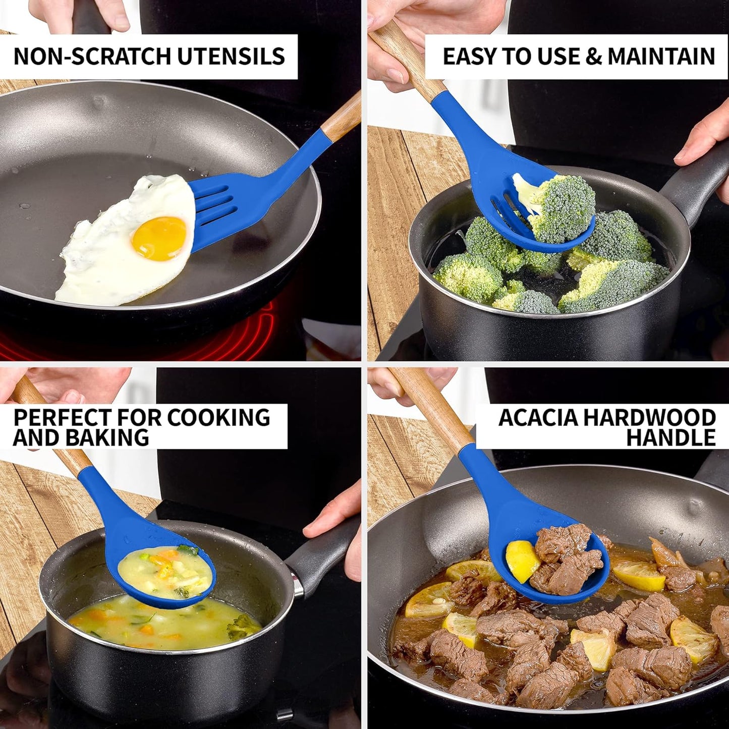 Zulay Kitchen Non-Stick Silicone Cooking Utensils Set with Acacia Wood Handles - 5 Piece Set - Heat Resistant to 464F - Dark Blue