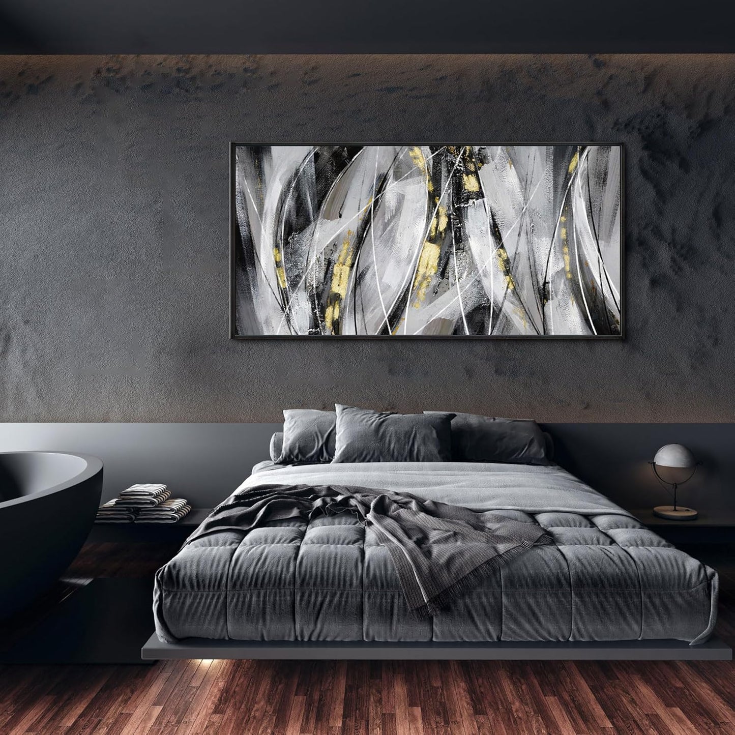 KLAKLA Abstract Frame Wall Art - Black and White Picture for Living Room Black and Gold Framed Artwork Canvas Art Work for Office Home Decor Bedroom Wall Decoration - 48x24 Inches