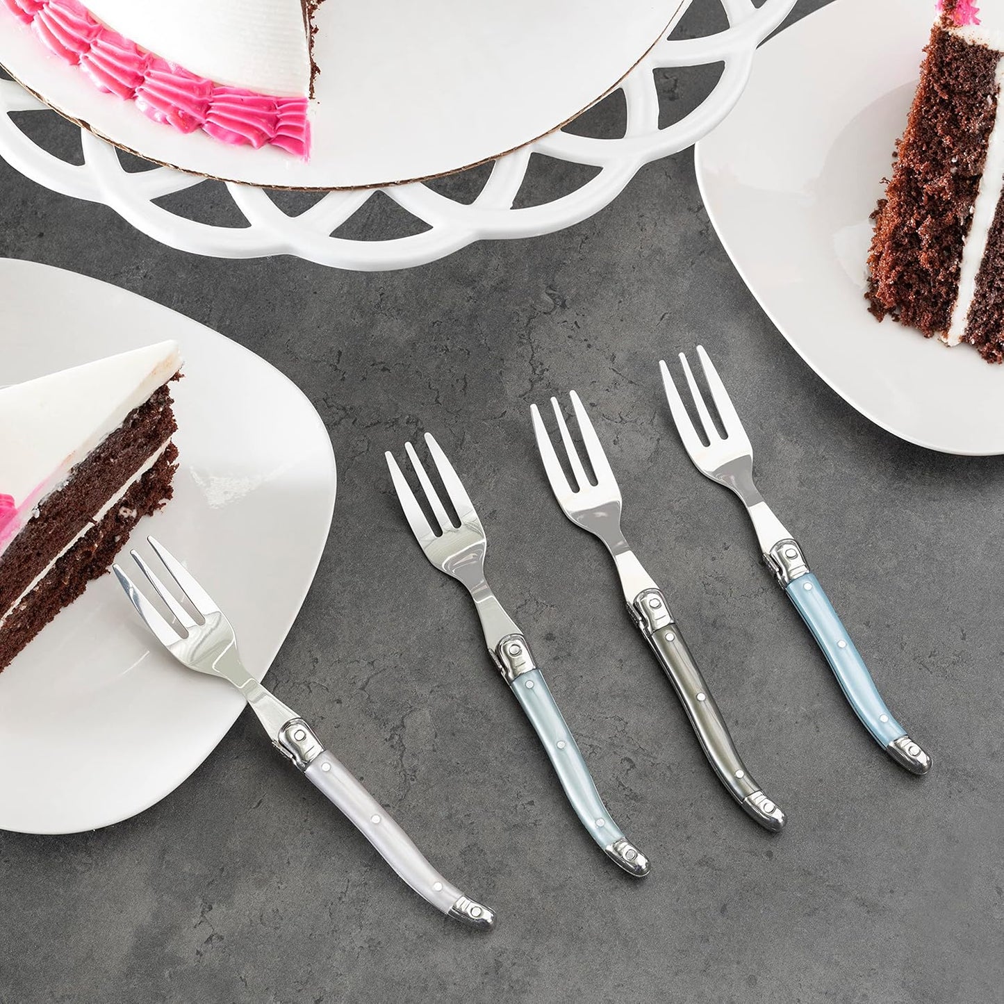 French Home Laguiole 4-Piece Cake Forks Set – Sophisticated Stainless Steel Forks with Mother of Pearl Handles – Laguiole Flatware Set for Cake, Fruit, or Appetizers (6.75")