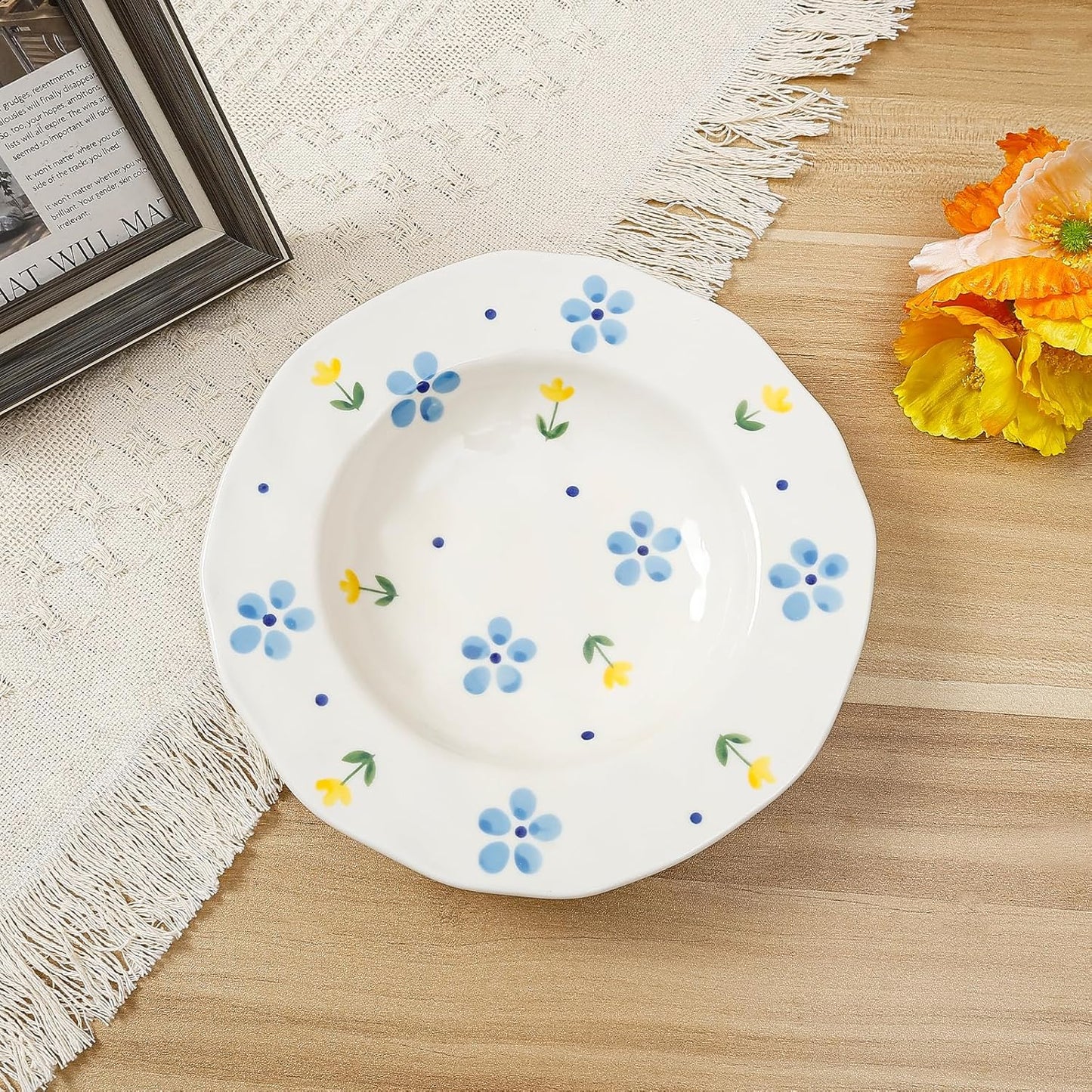 Koythin Ceramic Straw Hat Ramen Bowl Set, Pasta Bowls, Salad Serving Bowl for Noodle, Dinner, Salad, Microwave Dishwasher Safe (Blue and Yellow Tulips)