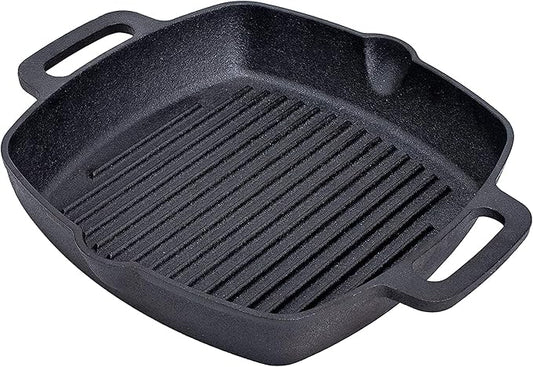 Bruntmor 10 Inch Square Cast Iron Grill Pan Steak Pan Pre Seasoned Grill Pan with Easy Grease Drain Spout, with Large Loop Handles for Grilling Bacon, Steak, and Meats