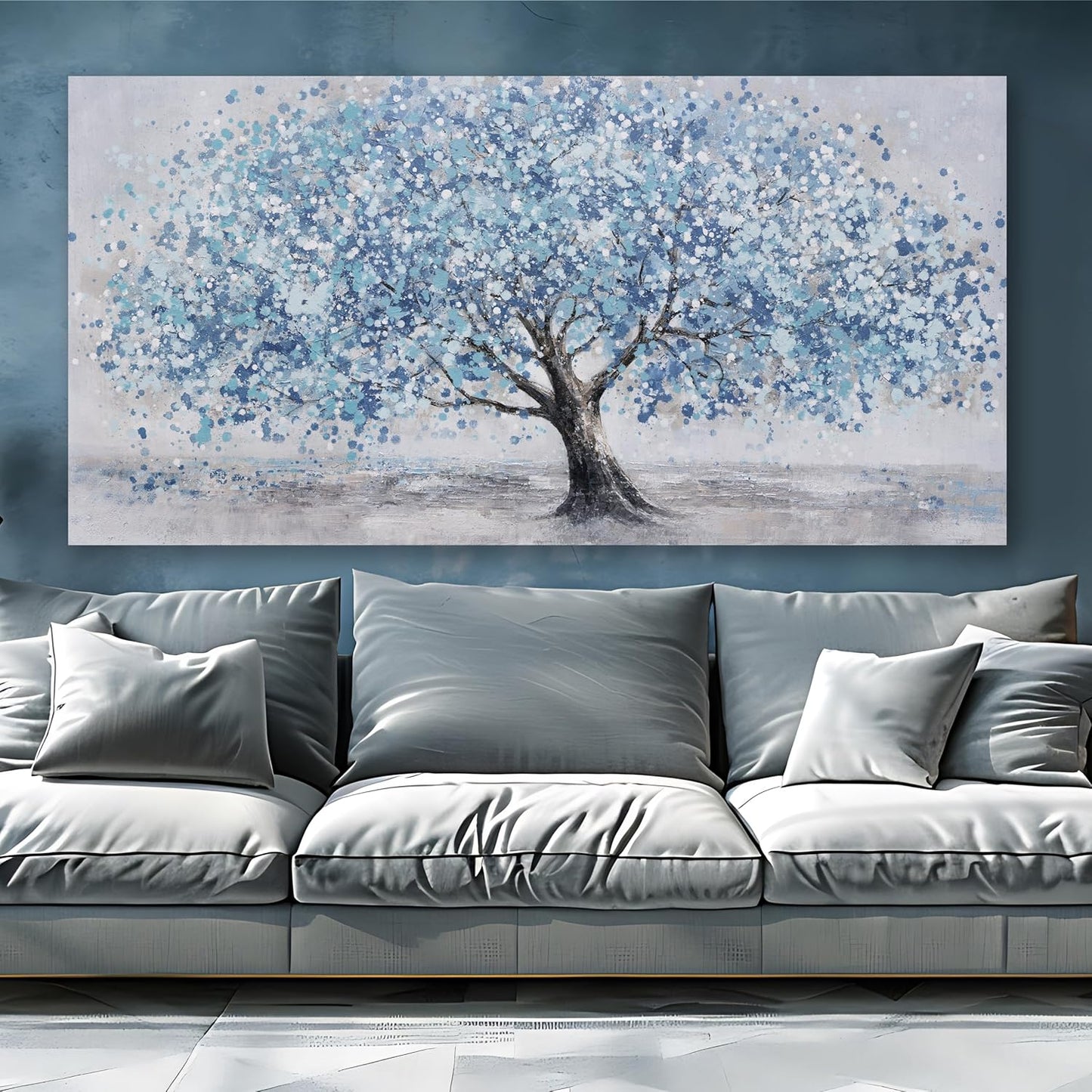 Tree of Life Wall Art Blue Tree Picture Wall Decor Artwork Framed Abstract Canvas Painting Nature Decor for Living Room Bedroom Bathroom Office Home Decor 58"x29"Can Be Hung Directly