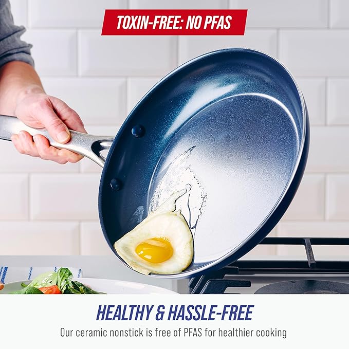 Blue Diamond 10" Nonstick Frying Pan Skillet, Diamond Infused PFAS & PTFE-Free Ceramic Pot, Dishwasher & Oven Safe, Stay Cool Handle, Durable Non Toxic Metal Utensil Safe, Egg & Omelet Pan, Blue
