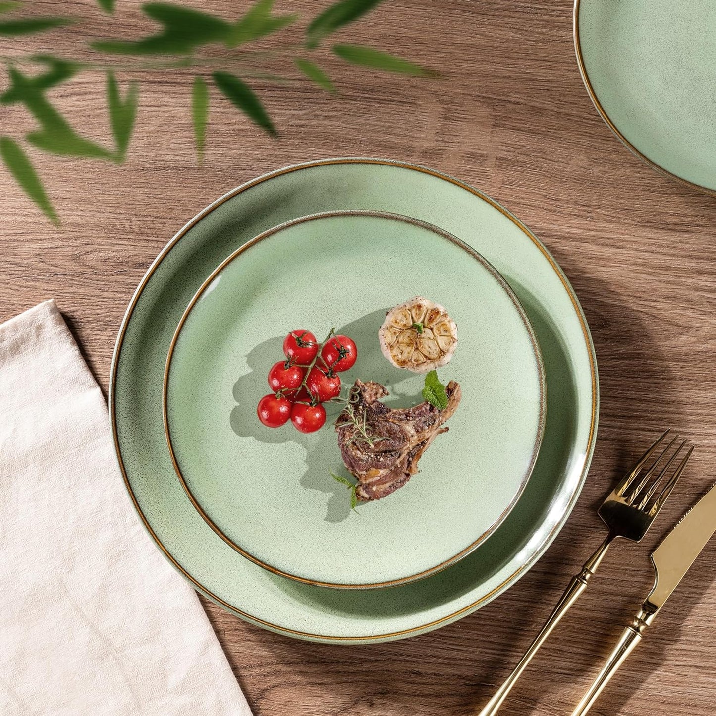 GBHOME Ceramic Dinnerware Sets for 4, 12 Pieces Stoneware Plates and Bowls Sets, Reactive Glaze Dishes -Scratch Resistant, Dishwasher&Microwave Safe-Pastel Green