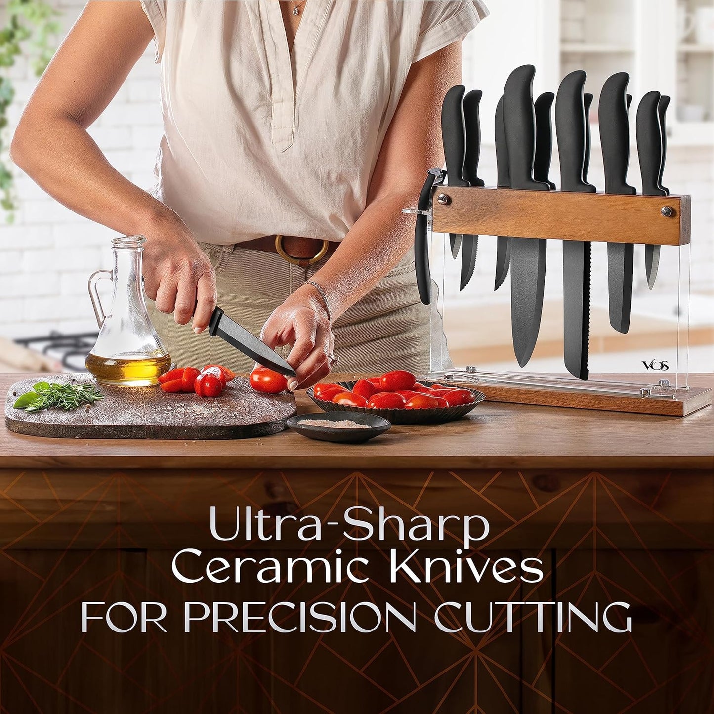 Vos Ceramic Knife Set With Block - 13-Piece Ceramic Knives Set For Kitchen, Includes Chef, Santoku, Bread Knives, Steak Knives, Peeler & Elegant Wooden Block - Ultra-Sharp, Dishwasher safe,Lightweight