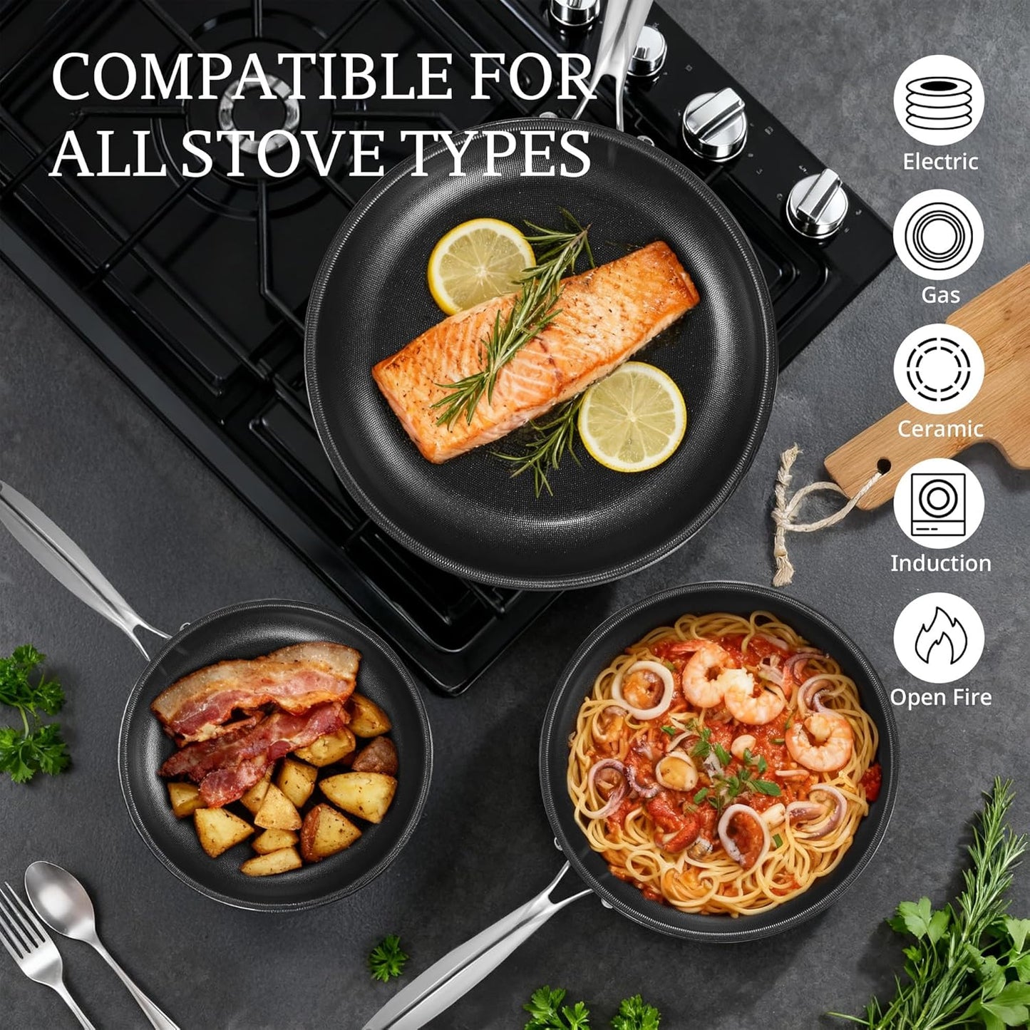 KITEXPERT Non Stick Frying Pans Set, Titanium Ceramic Pan with Lids, Nonstick Skillet Stainless Steel, PFAS PFOA & PTFE Free, Dishwasher & Oven Safe, All Cooktops Compatible, 3 Piece (8, 10, 12")