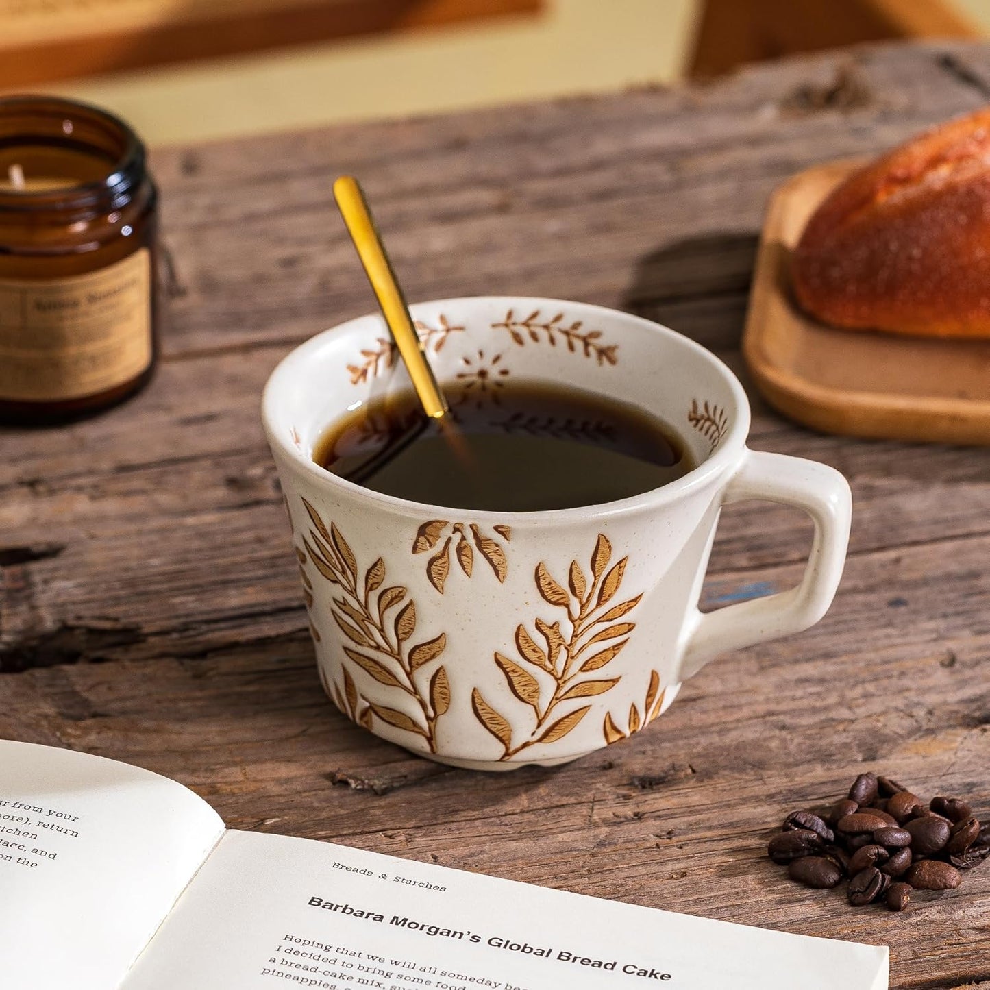 Coffee Mugs, Coffee Cup Set of 2, Ceramic Mug Set 11 oz and Spoons for Home & Kitchen, Embossment Leave Novel Cups for Coffee Tea Cocoa Milk Latte, Microwave Dishwasher Safe