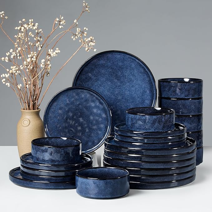 HaWare Dinnerware Sets, 24-Piece Plates and Bowls Set, Stoneware Dish Set for 8, Ceramic Dinnerware for Home Restaurant, Chip and Scratch Resistant, Microwave and Dishwasher Safe, Reactive Starry Blue